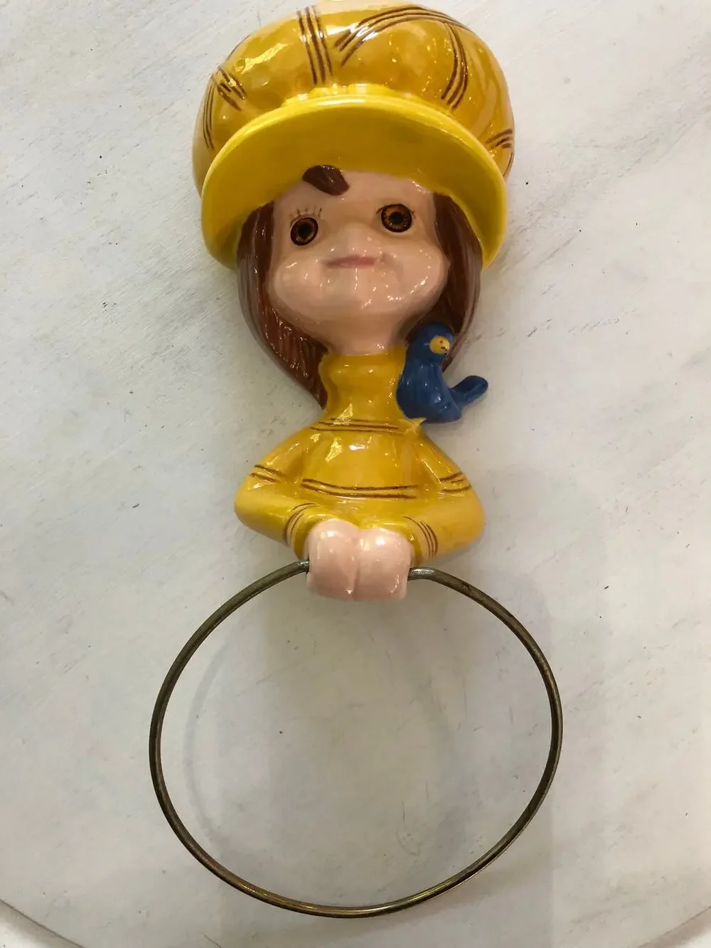 Vintage 1960s 1970s Ceramic Bonnet Gril Blue Bird Towel Holder